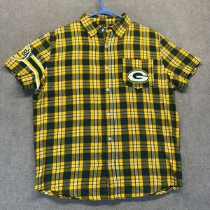 Green Bay Packers Short Sleeve Flannel Shirt Men's Medium Plaid Patch Klew *